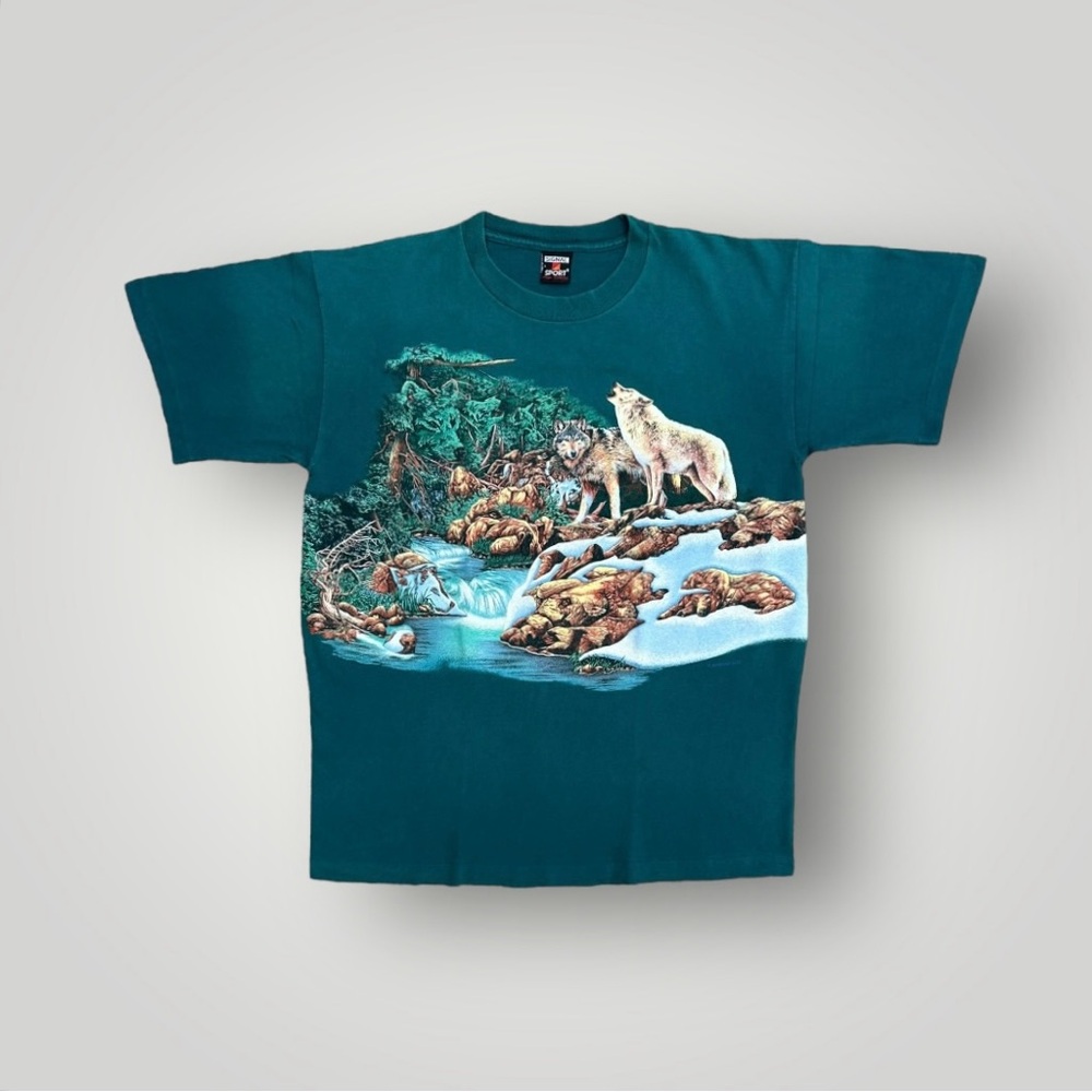 Vintage 90s Wolf Habitat Animal Wilderness Nature Wrap Around Shirt